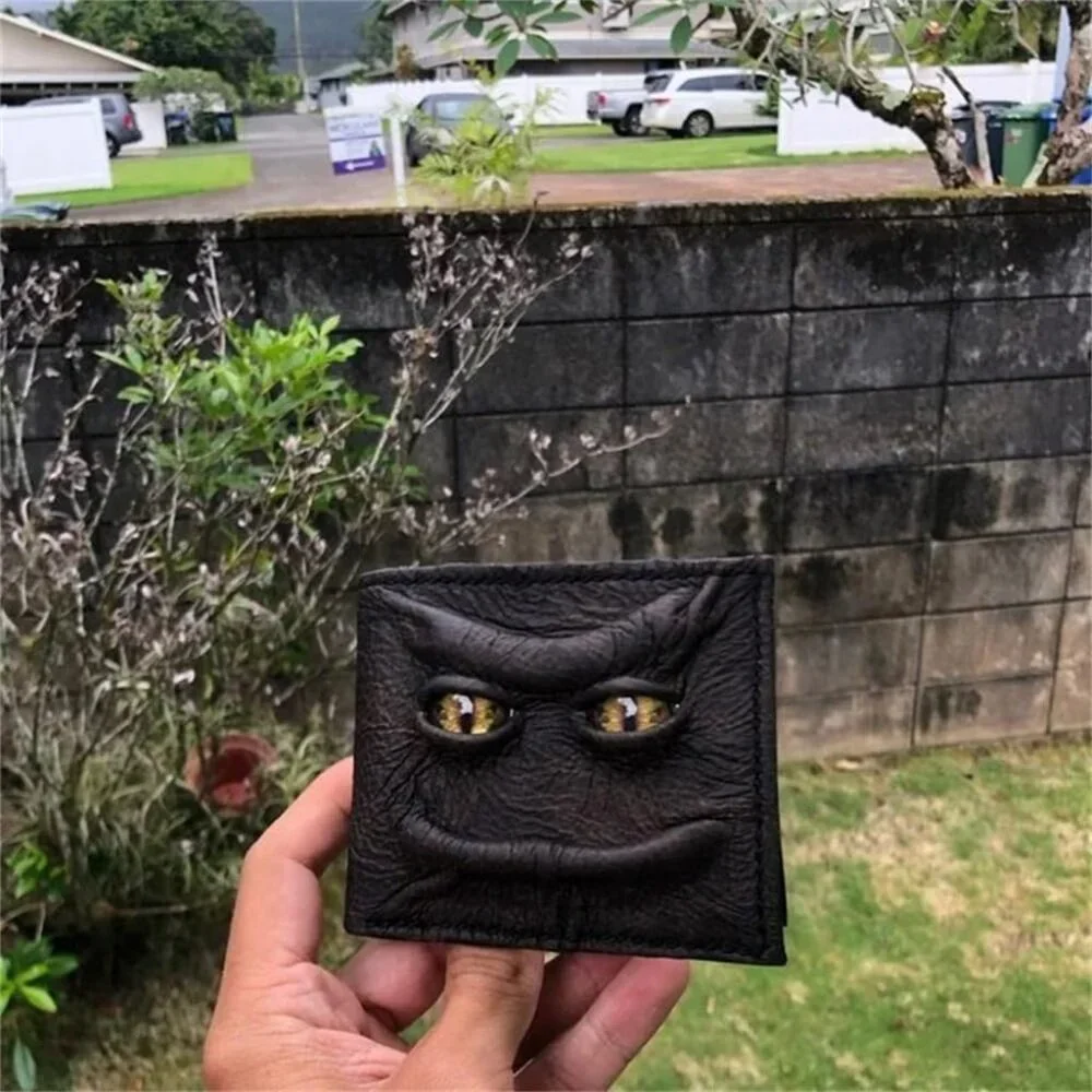 Men's 3D Black Magical Horror Demon Eyes Genuine Leather Handmade Custom Wallet